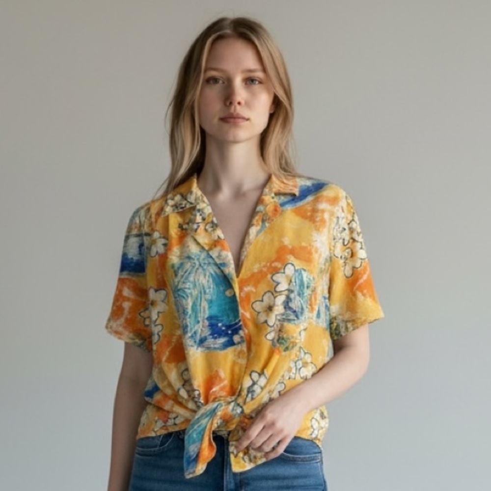 Vintage Real Clothes Saks Fifth Avenue Orange Tropical Short Sleeve Blouse